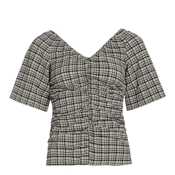 Nwt! Ganni stretch seersucker v-neck ruchedtop ghingham mini check black - Picture 2 of 9